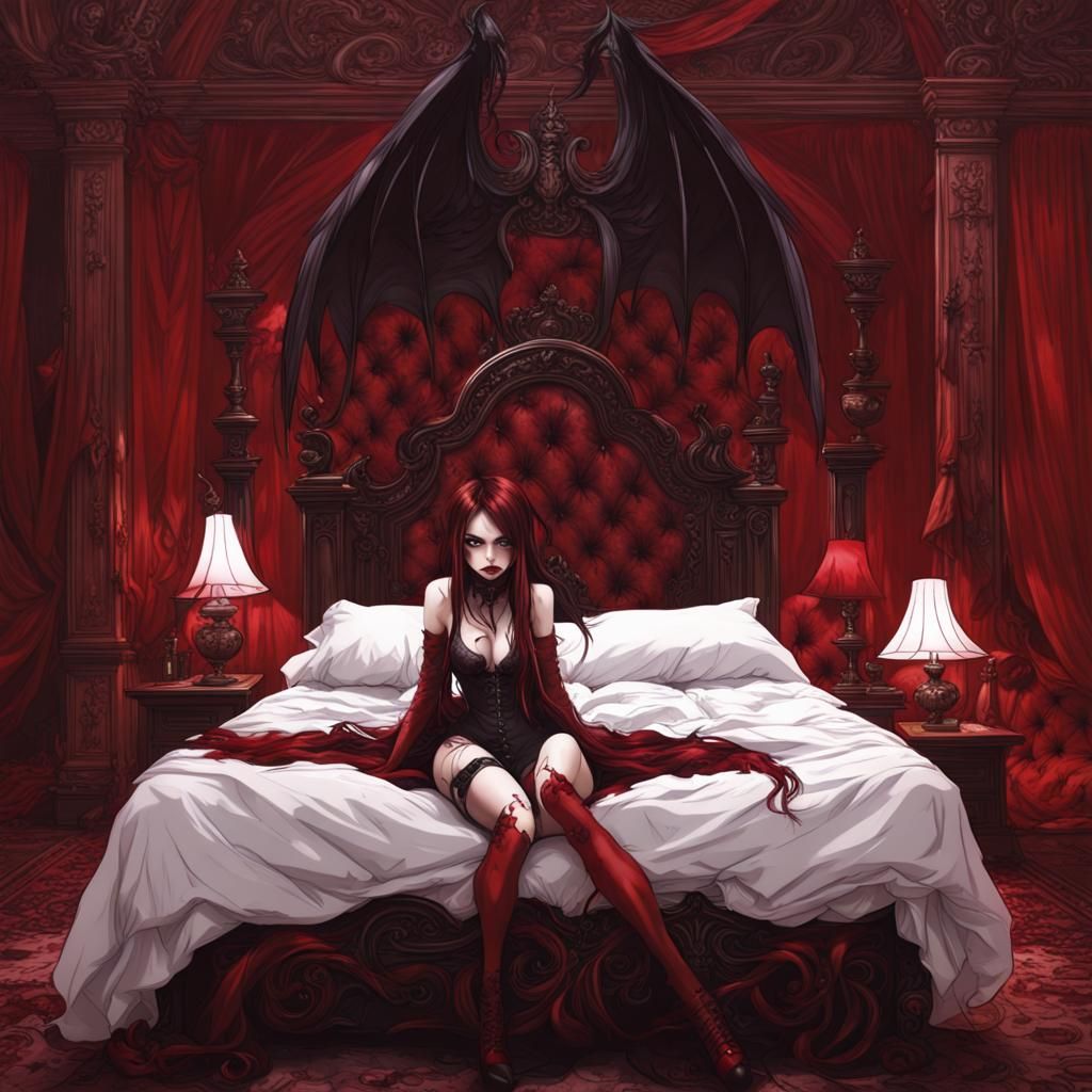 Winged Demon Girl in Gothic Palace Bed