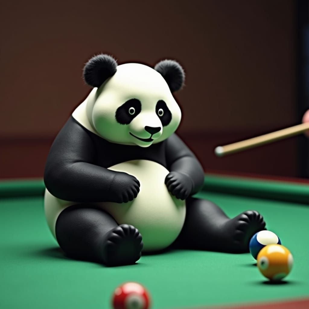 .the panda bear sits on a billiard table a panda bear that has the shape and shine of billiard balls.The head is the whi...