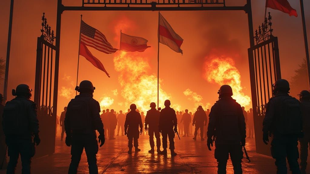 Dystopian Riot at Embassy Gates in Syd Mead Style