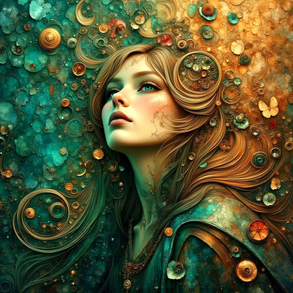 Girl in Cloak: Impasto Oil Painting with Gold Accents