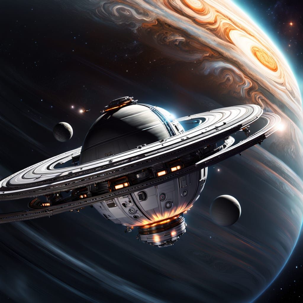 Silver Spacecraft Approaches Jupiter in Sci-Fi Art