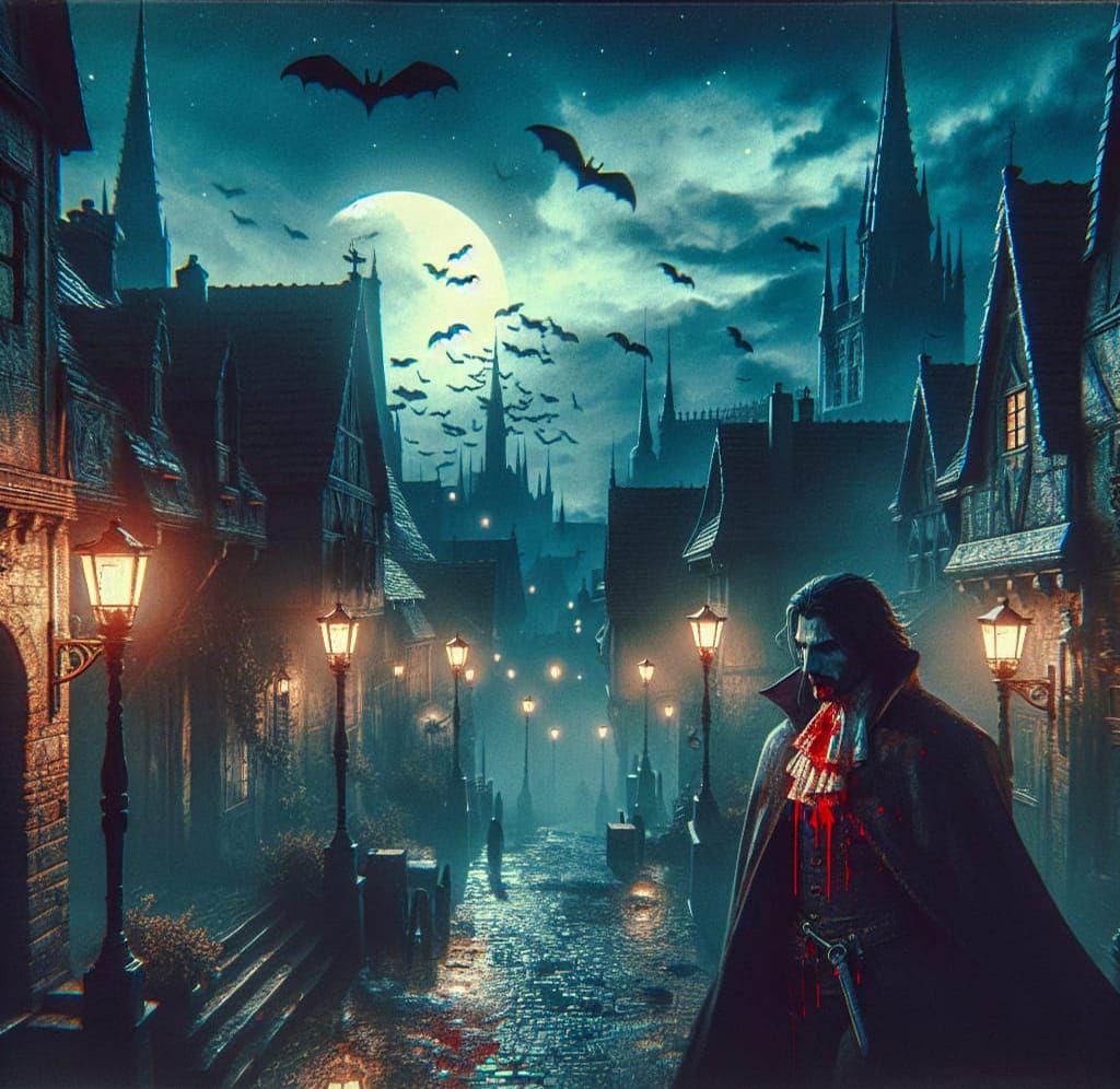 Vampire Night Walk in Medieval Town, Gothic Art Style