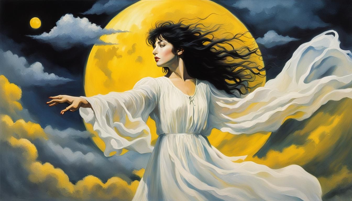 Singer in Flowing Dress with Moon, Abstract Art