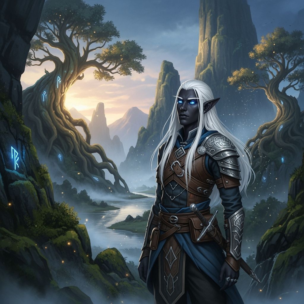 Black Elf with White Hair and Blue Eyes in Misty Fantasy Lan...