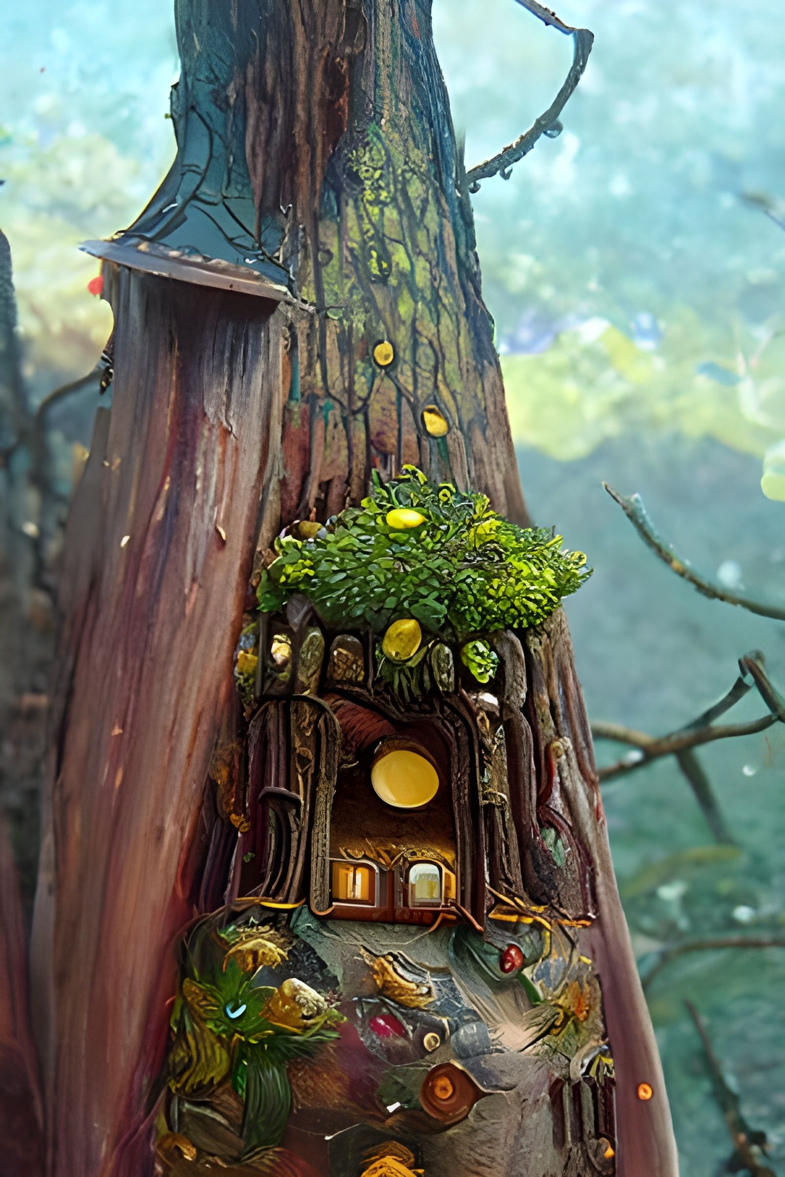Enchanting Fairy Houses on Ancient Tree, Cel-Shaded Style