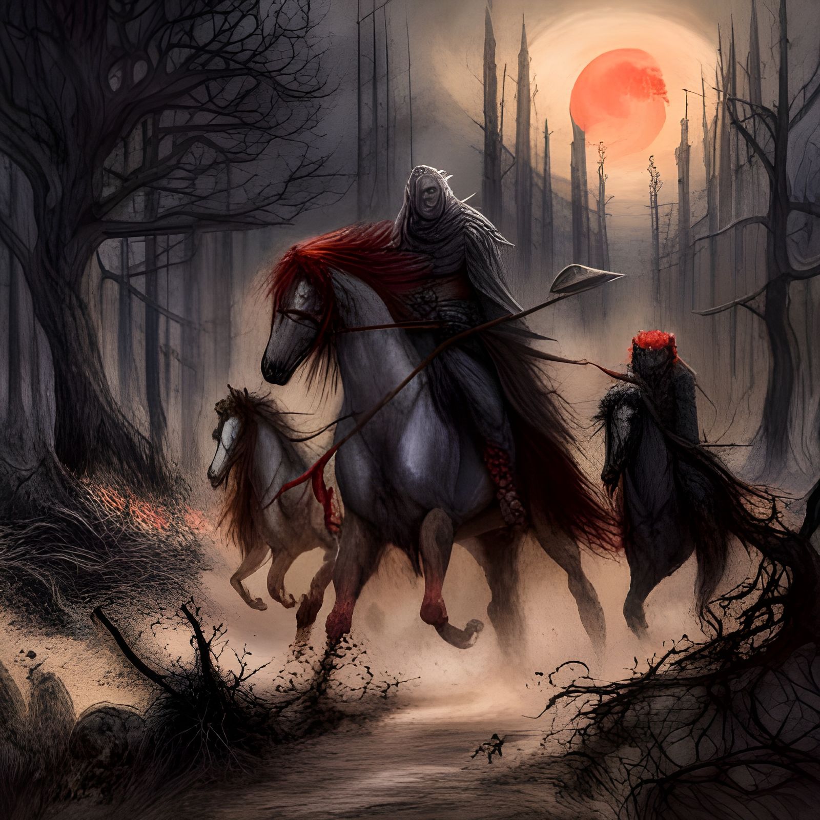 Three Riders of Chaos in Dark Fantasy Forest