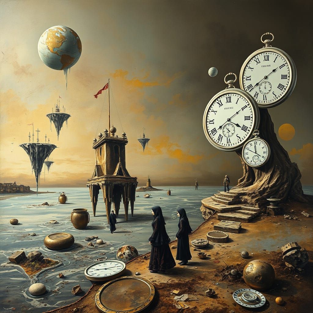 Surreal Landscape with Floating Islands and Melting Clocks
