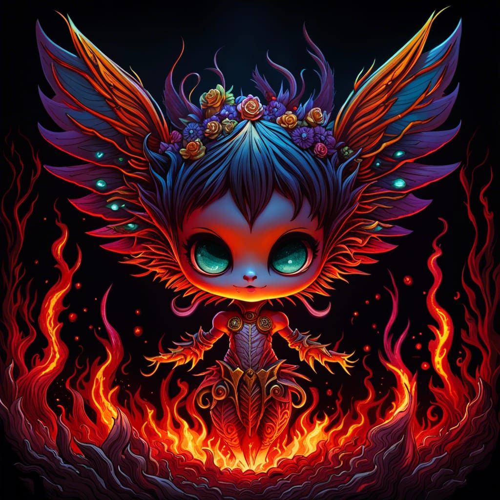 Chibi Hell Pixie with Fire Wings in Psychedelic Art