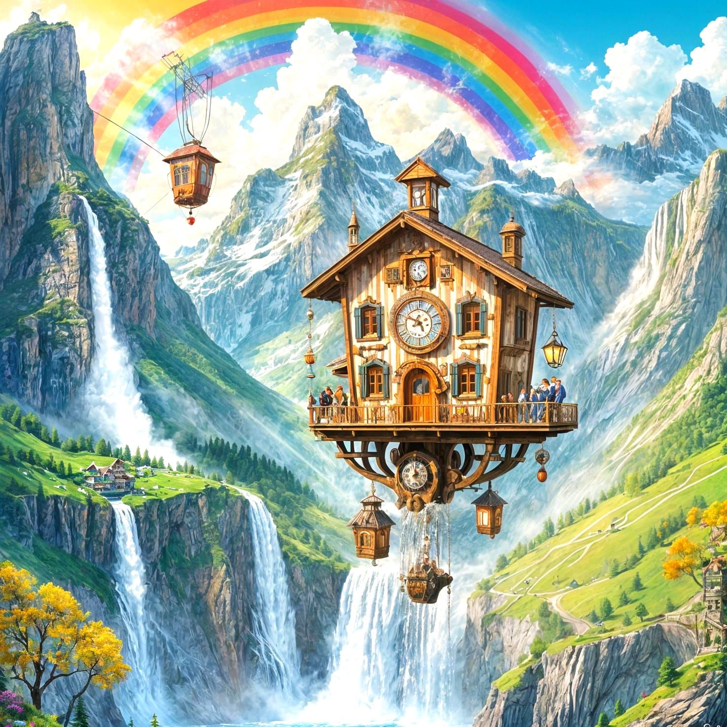 Whimsical Cuckoo Clock Cable Car Over Swiss Alps Waterfall