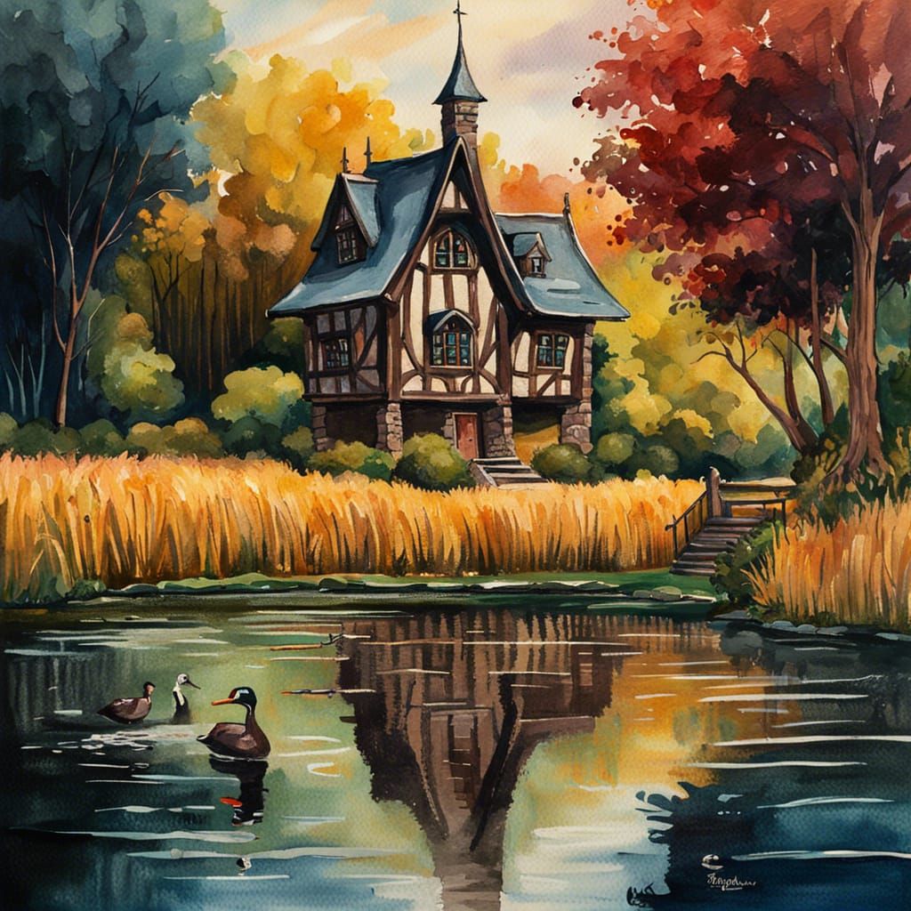 Gothic Cottagecore Fishing House in Gouache Style