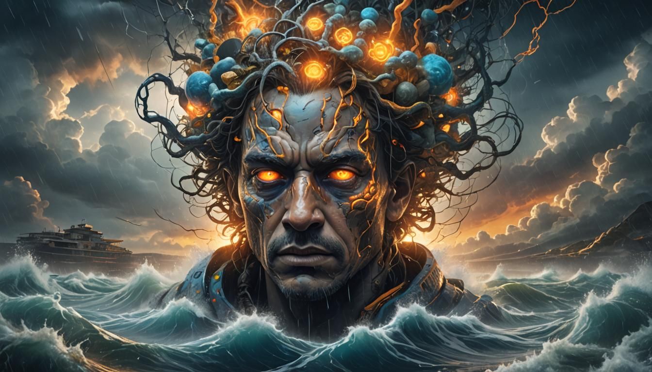 Surreal Head in Storm with Glowing Eyes