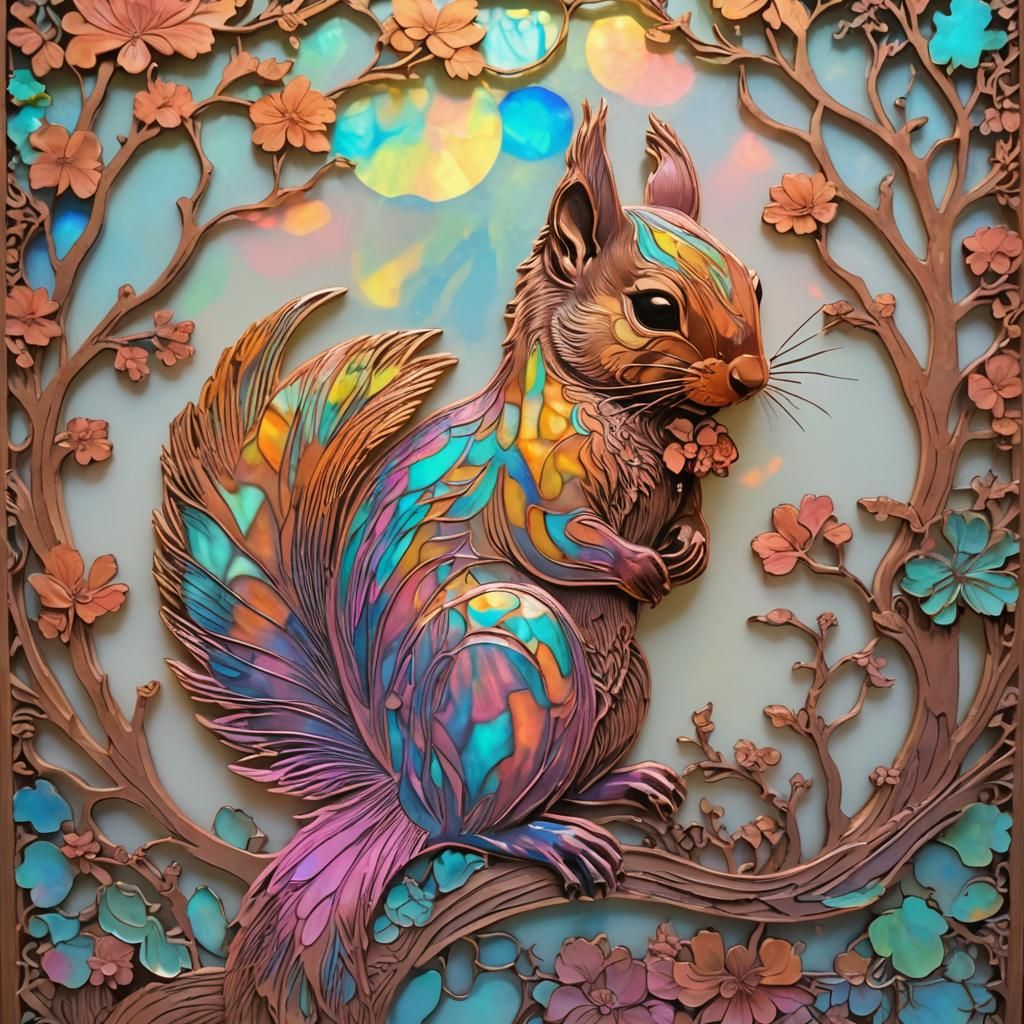Psychedelic Squirrel Silhouette in Asian Opal Style