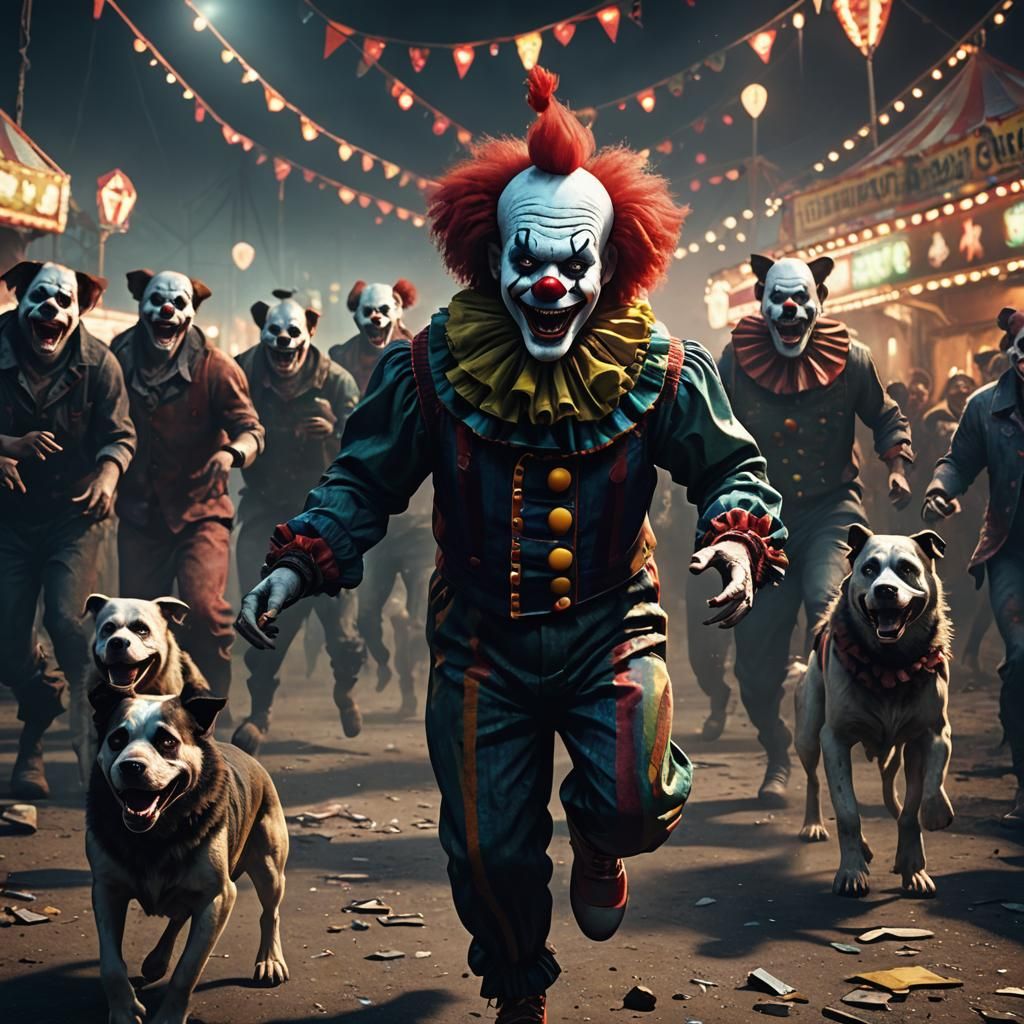 Horror Clown Chased by Rottweilers in Abandoned Carnival