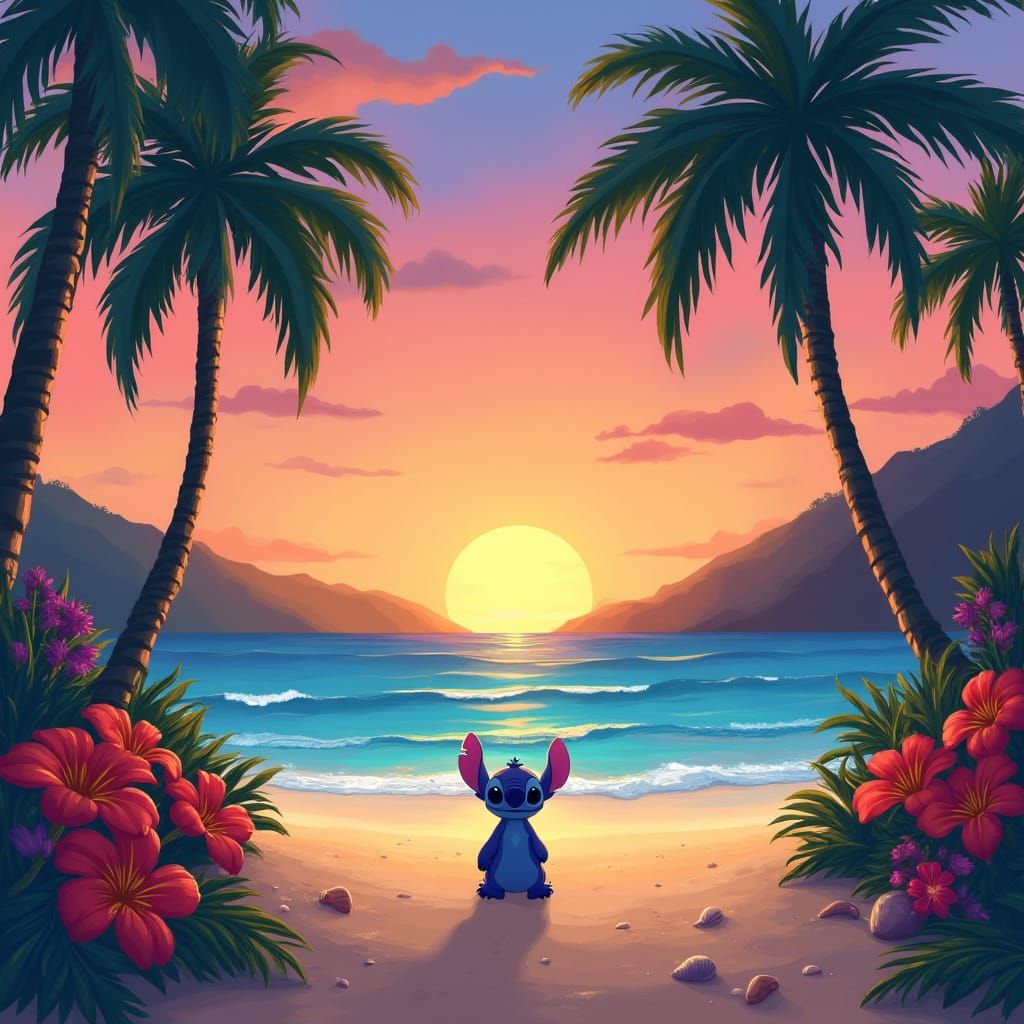 Stitch on Hawaiian Beach at Sunset in Whimsical Disney Style
