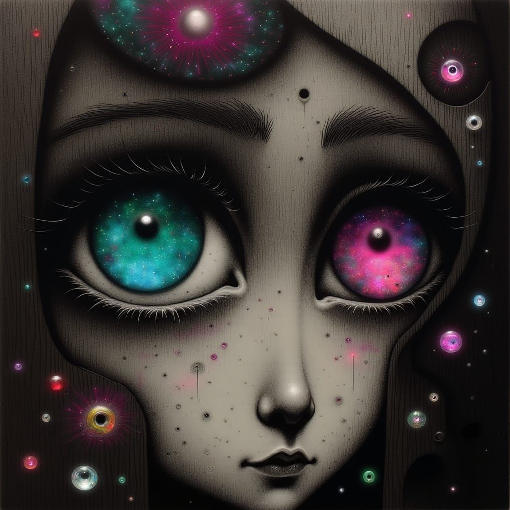 Mystical Being with Gemstone Eyes in a Dreamlike Landscape