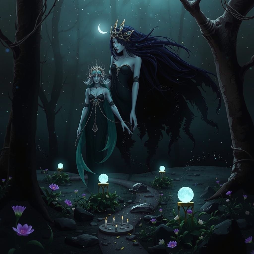 Ethereal Moon Goddess in Whimsical Art Nouveau Style