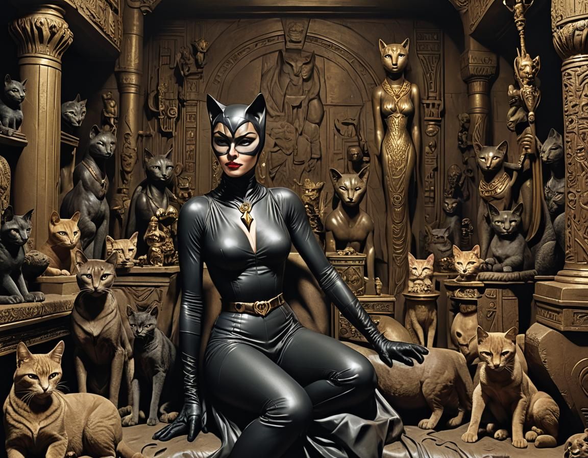 Catwoman in Her Lair with Bastet Statue