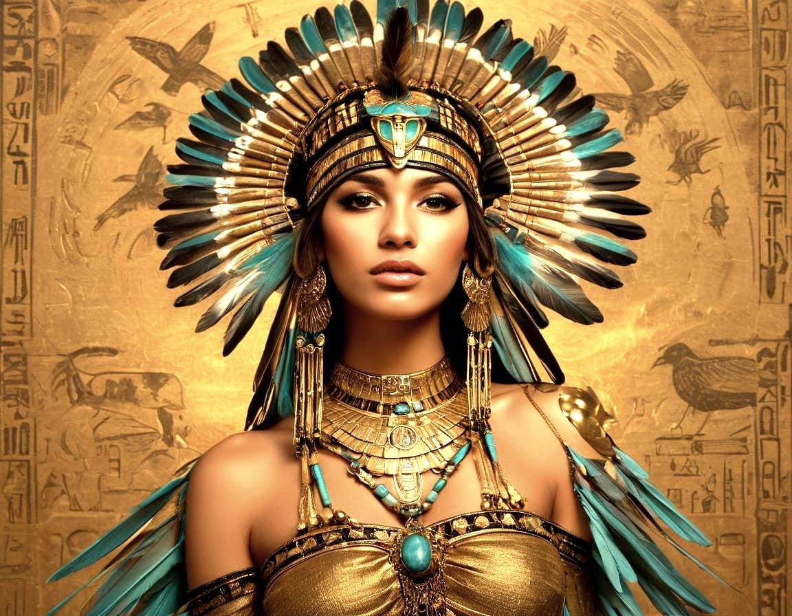 An Egyptian woman with bronze skin, adorned in ornate, ancie...