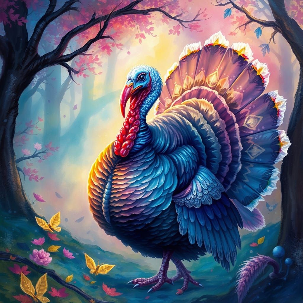 Majestic Turkey in Iridescent Feathers Amidst Mystical Fores...