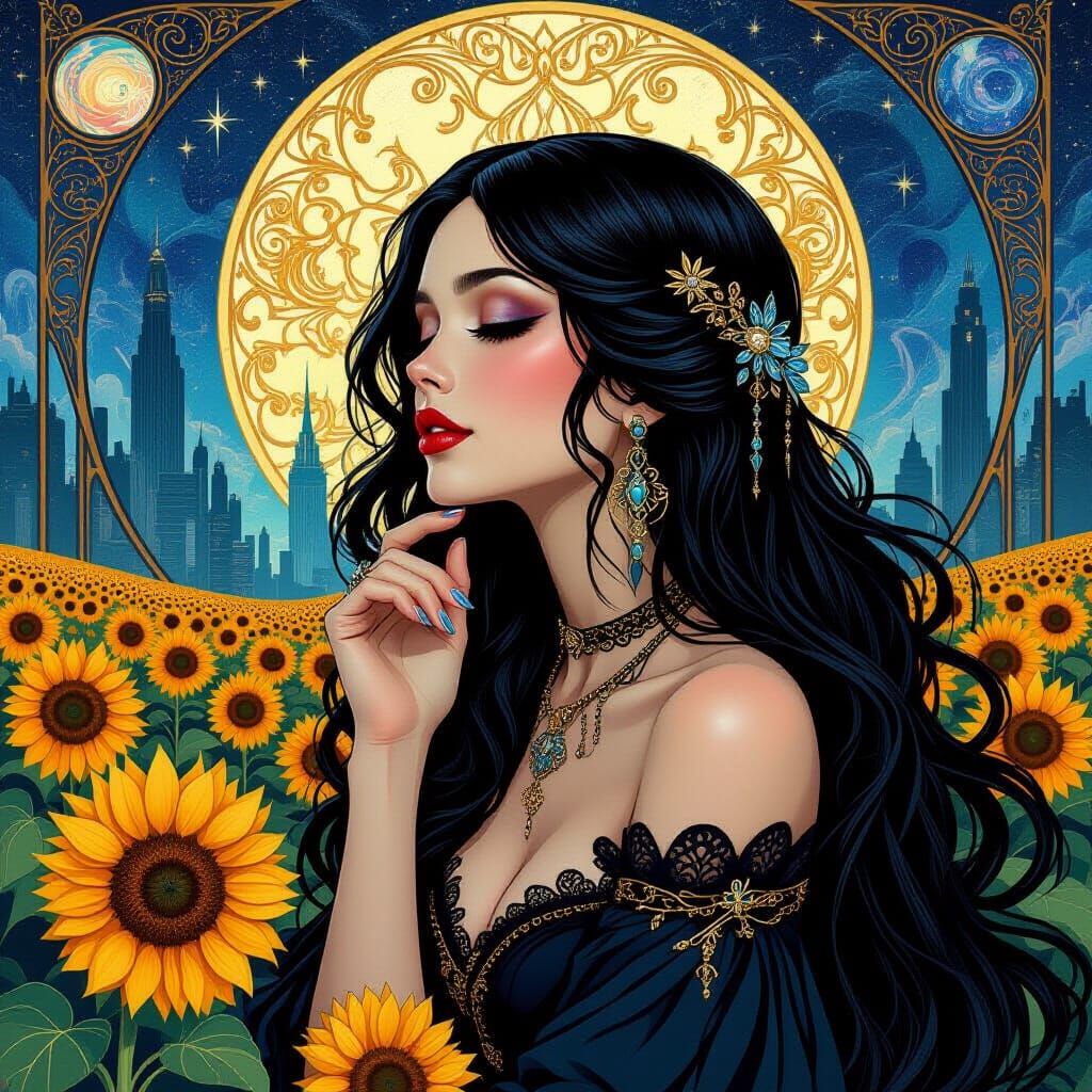 Woman in Sunflower Field with Futuristic Galaxy Backdrop