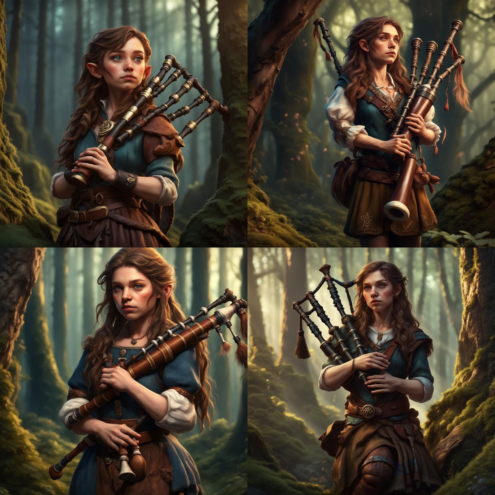Female Halfling Bard with Bagpipe in Forest