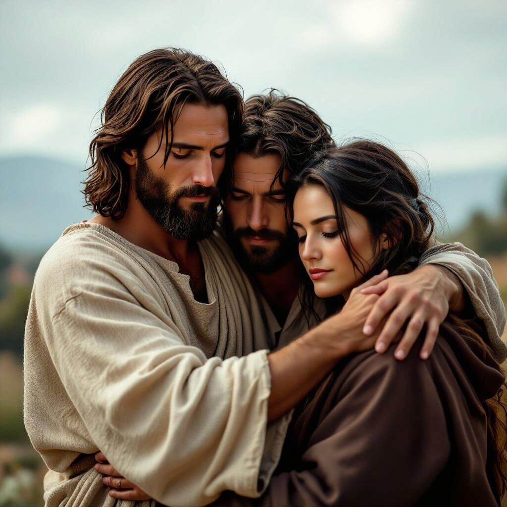 Jesus Embraces Man and Woman with Dramatic Realism