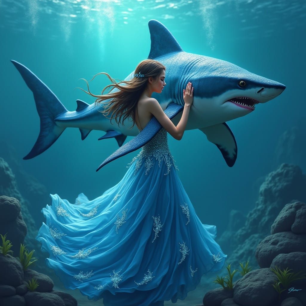 A Teenage Girl in a Blue Gown Hugs a Majestic Shark Amidst a...