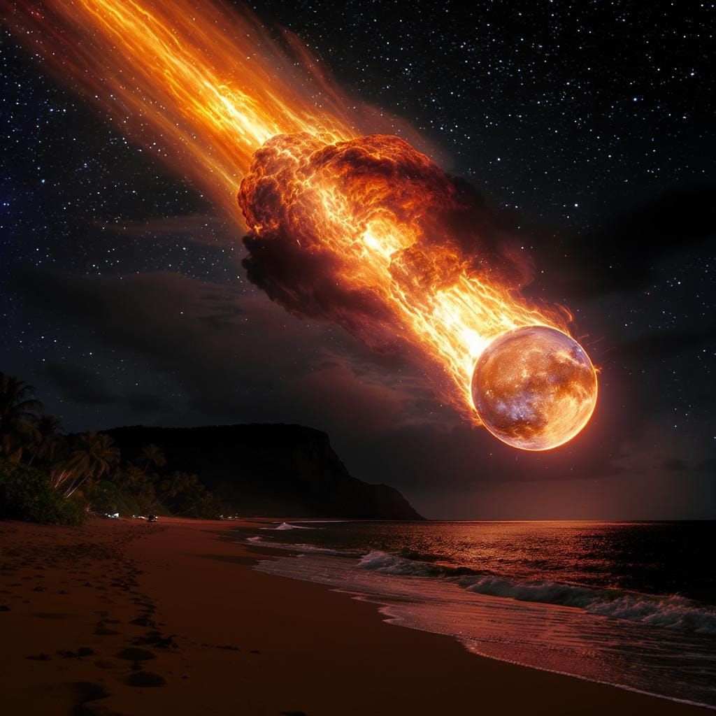 Flaming Meteor Strikes Tropical Beach at Night