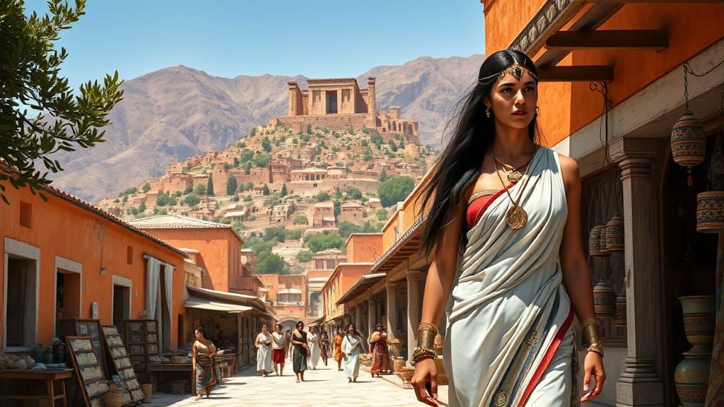 Elegant Minoan Woman Strolls Through a Colorful Bronze-Age M...