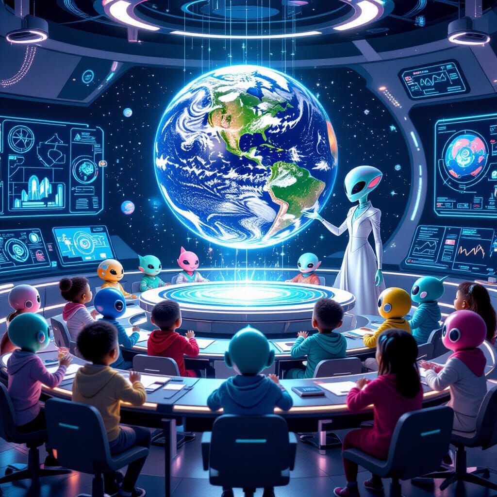 Futuristic Alien Classroom with Earth Hologram
