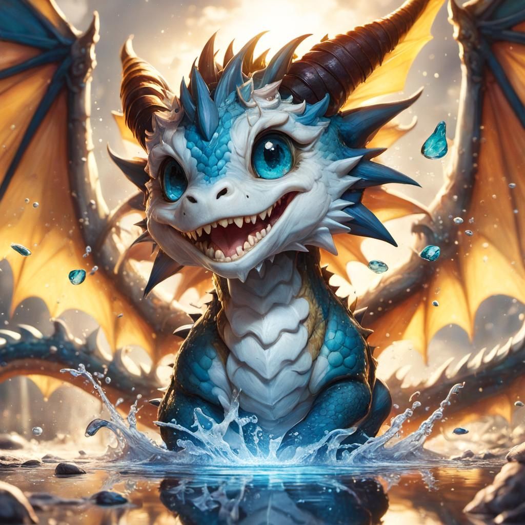 Adorable Dragon Splashing: Hyperrealistic Anime Fantasy Art