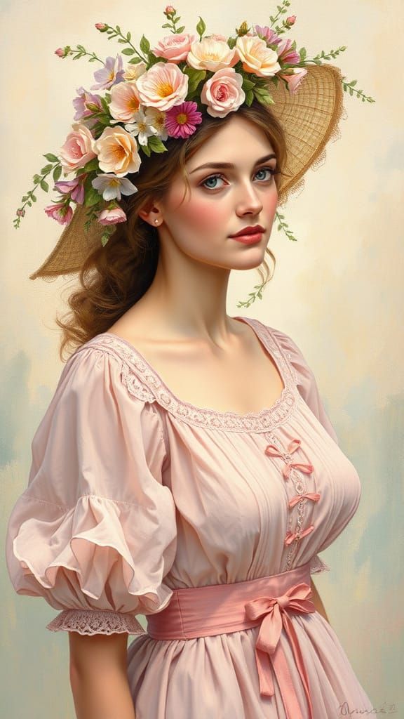 Woman in a Soft Pastel Gown with Floral Hat