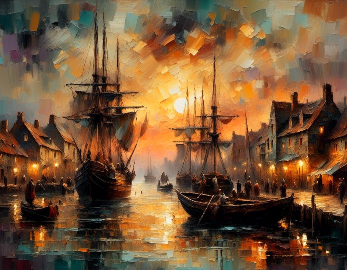 Medieval harbor with sailing ships and fishing boats, moody ...