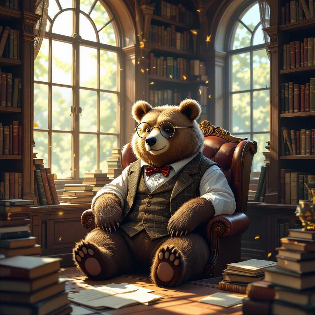 Wise Bear in Cozy Library, Concept Art Style