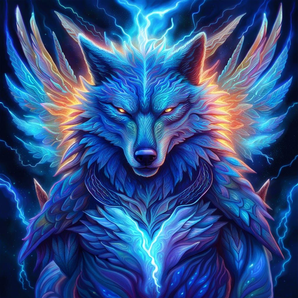 Astral Blue Wolf with Dragon Wings Illustration