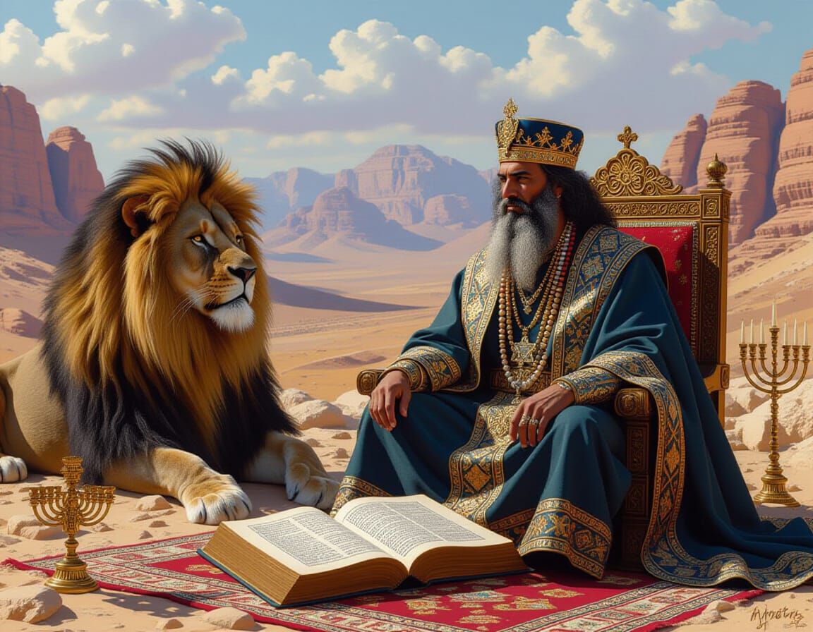 King Solomon and Naamah with Lion, Digital Art