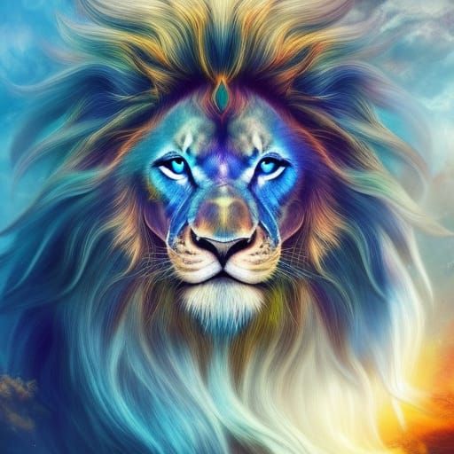 "Full sun with bright blue sky reflecting off water,Fluffy White longhaired Lion with large flowing windblown mane with ...