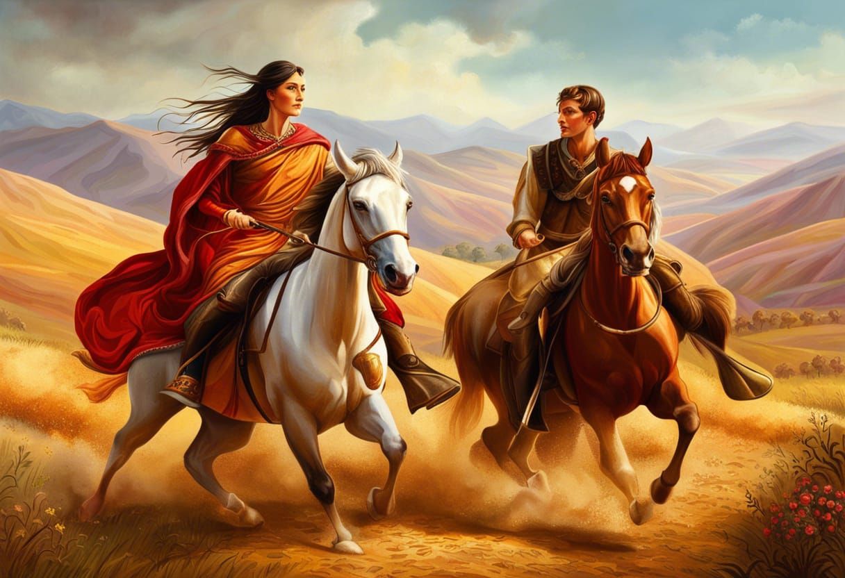 Queen and Peasant Escape: A Detailed Oil Painting