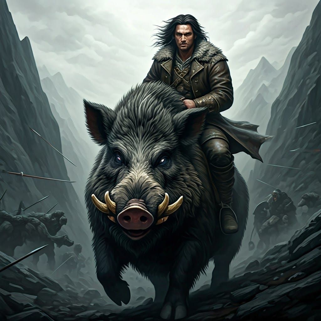 Rugged Warrior Rides Charging Boar Through Misty Mountains