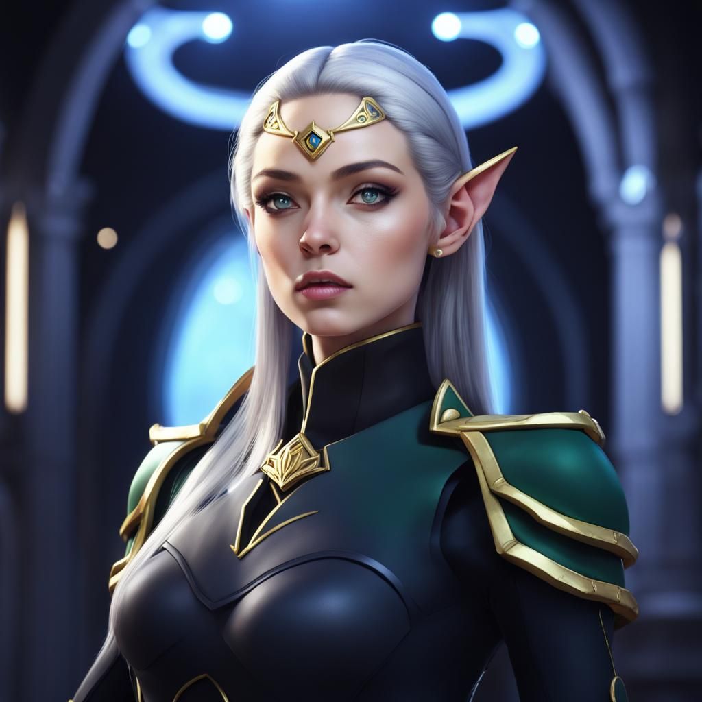 Elven Woman Portrait with Black Hair and Gold Eyes