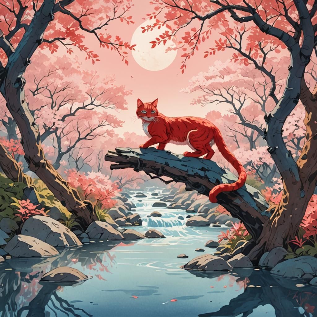 Ukiyo-e inspired 3d anime art. Medium shot. A serene red fel...
