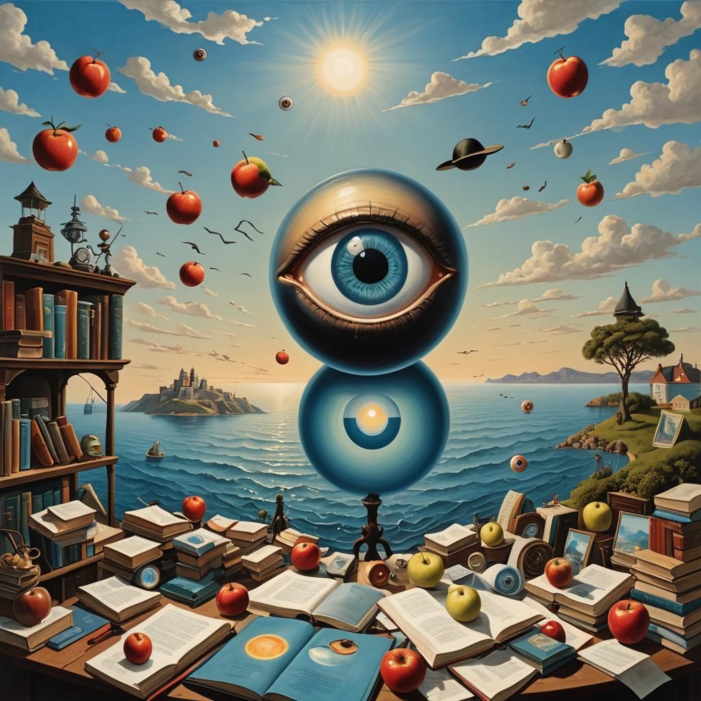 Surreal Eyeball Sun in Magritte Style Landscape
