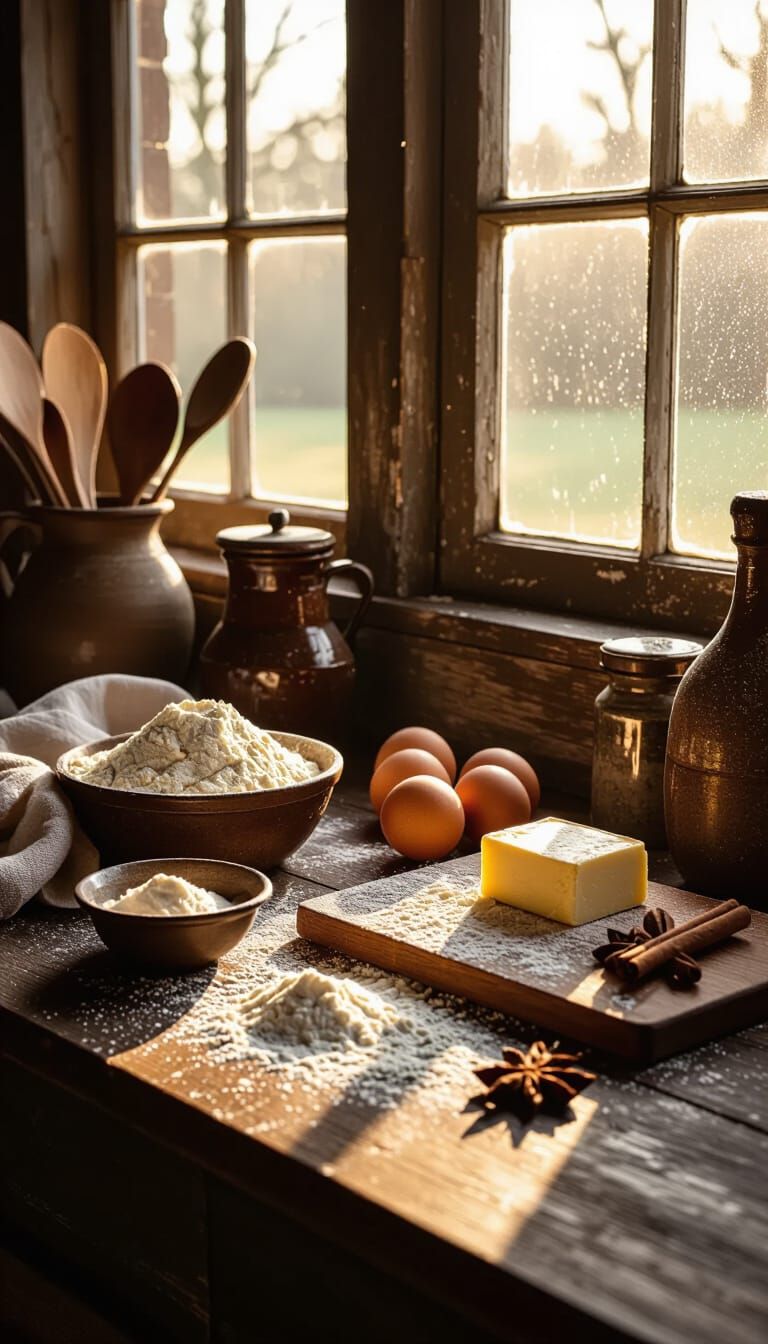 Rustic Kitchen Baking Ingredients in Golden Light