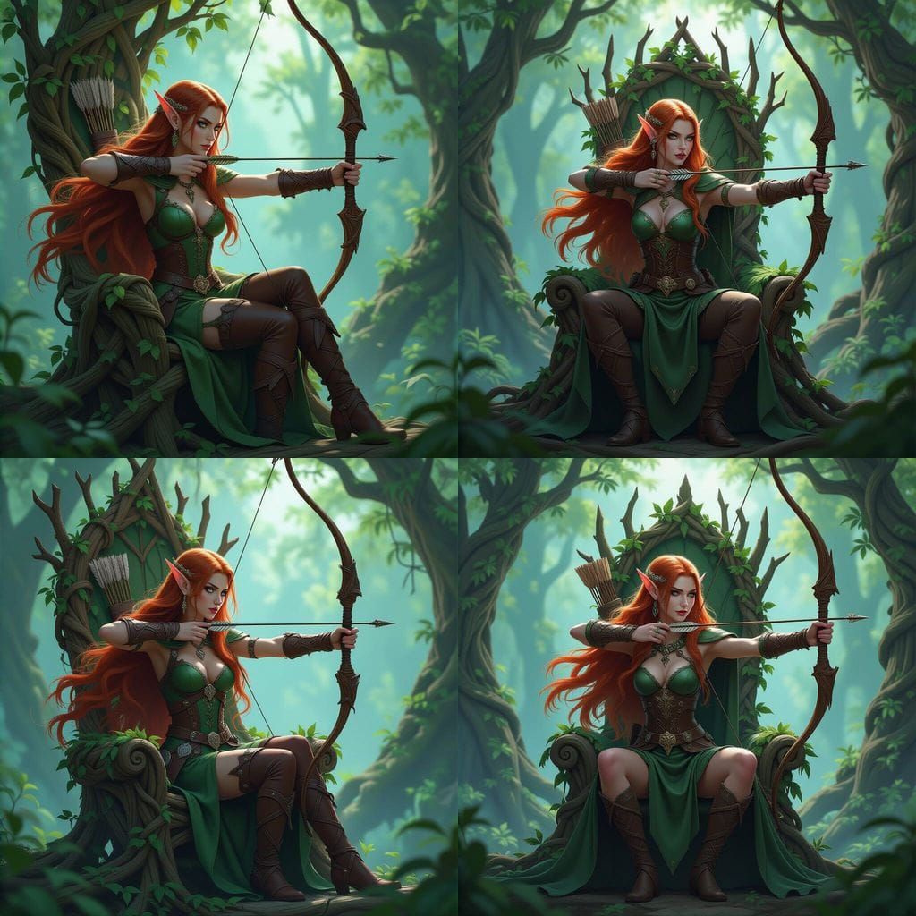 Forest Elf Archer on Woven Throne, Hyperdetailed Art