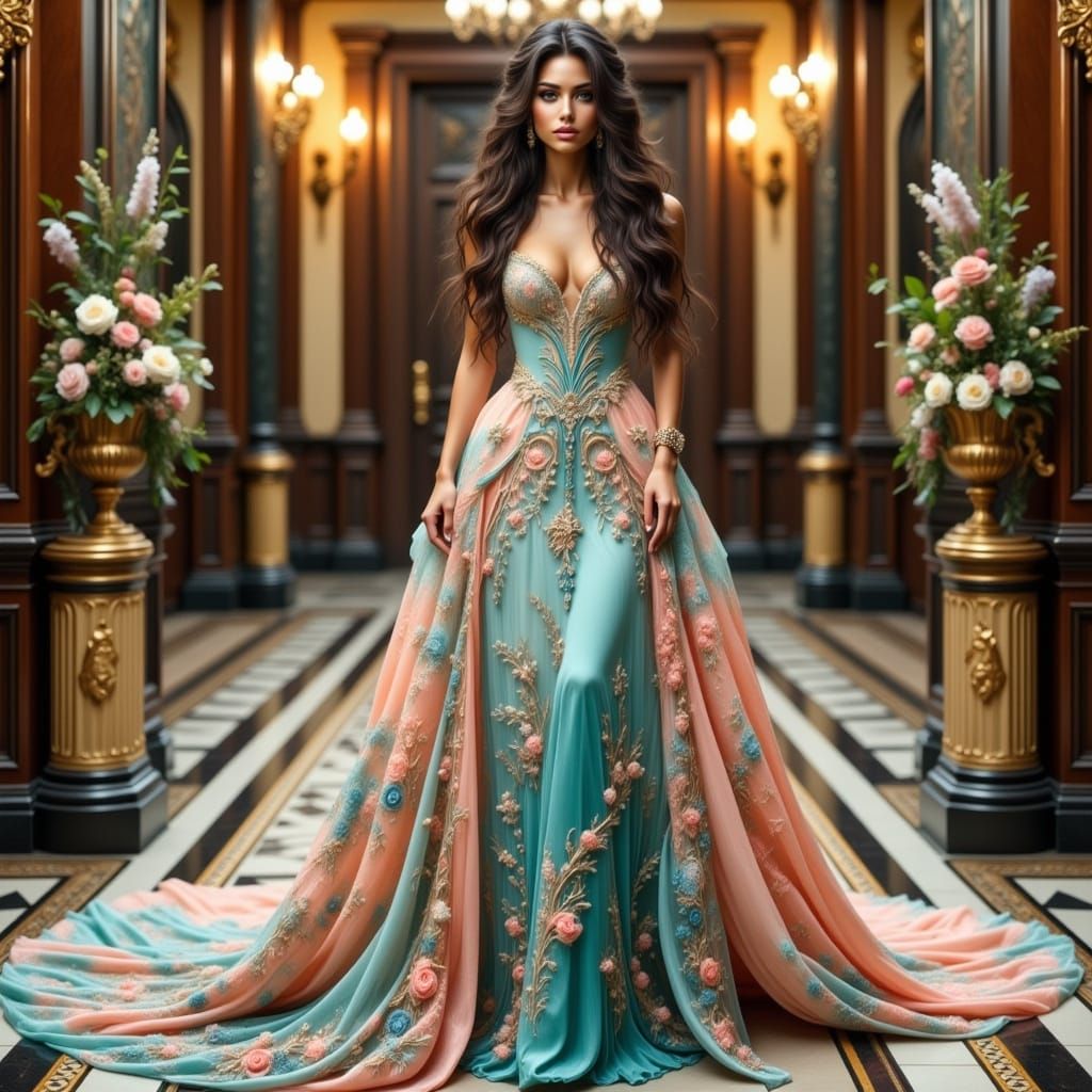 Elegant Brunette in Opulent Gown at Ballroom Entrance