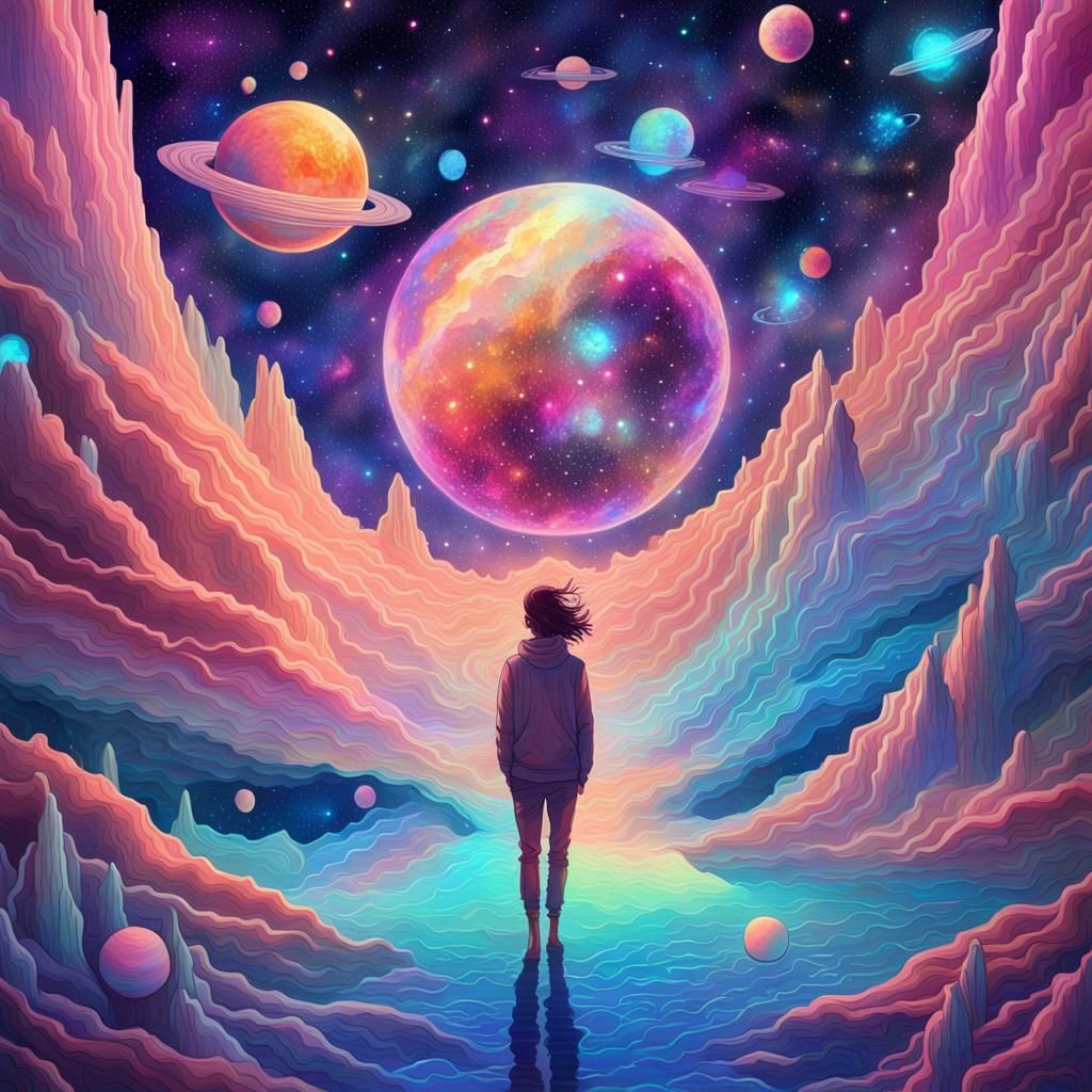 Holographic Cosmic Astral Illustration in Mixed Media