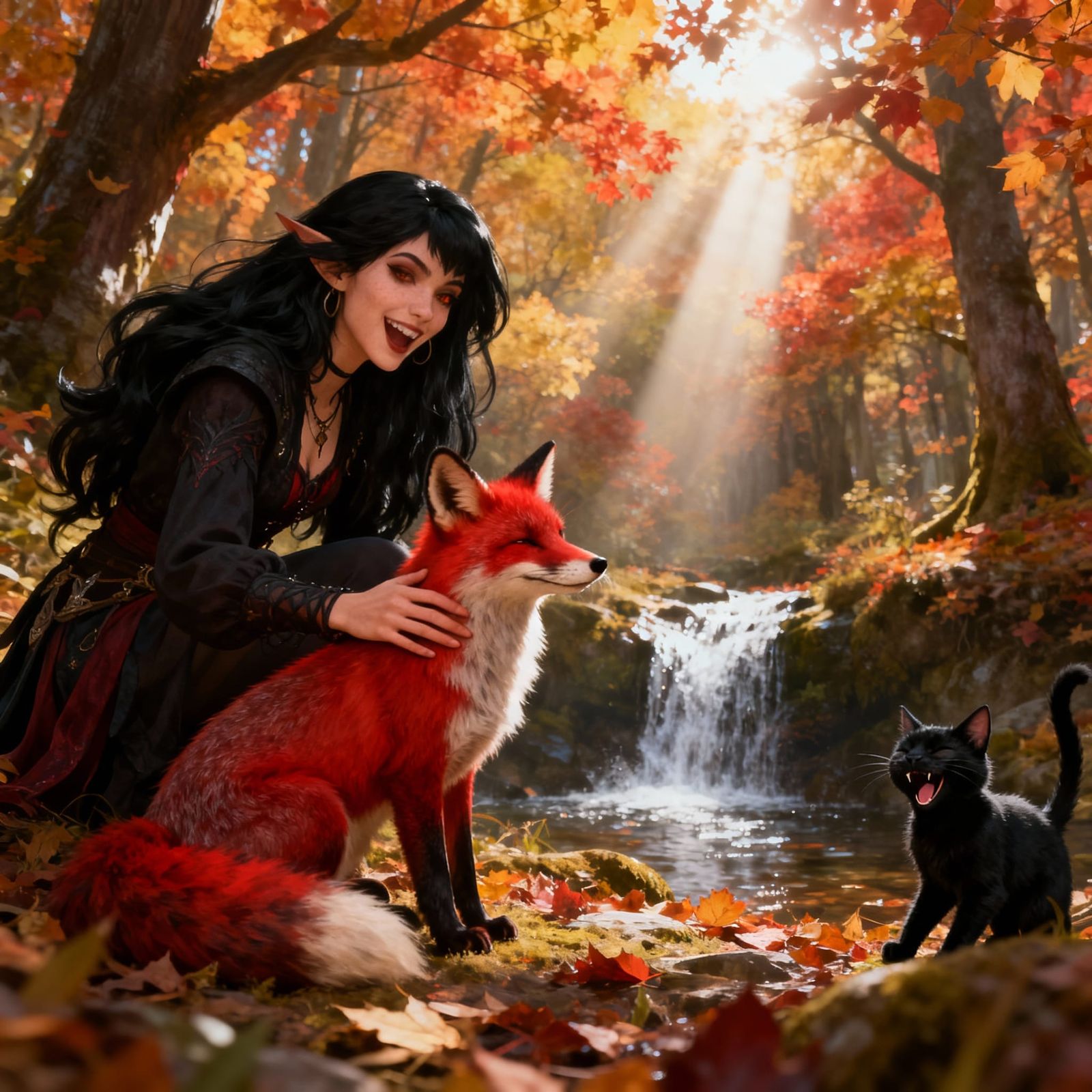 Autumn Woods Scene: Woman, Fox, and Cat in Fall Colors