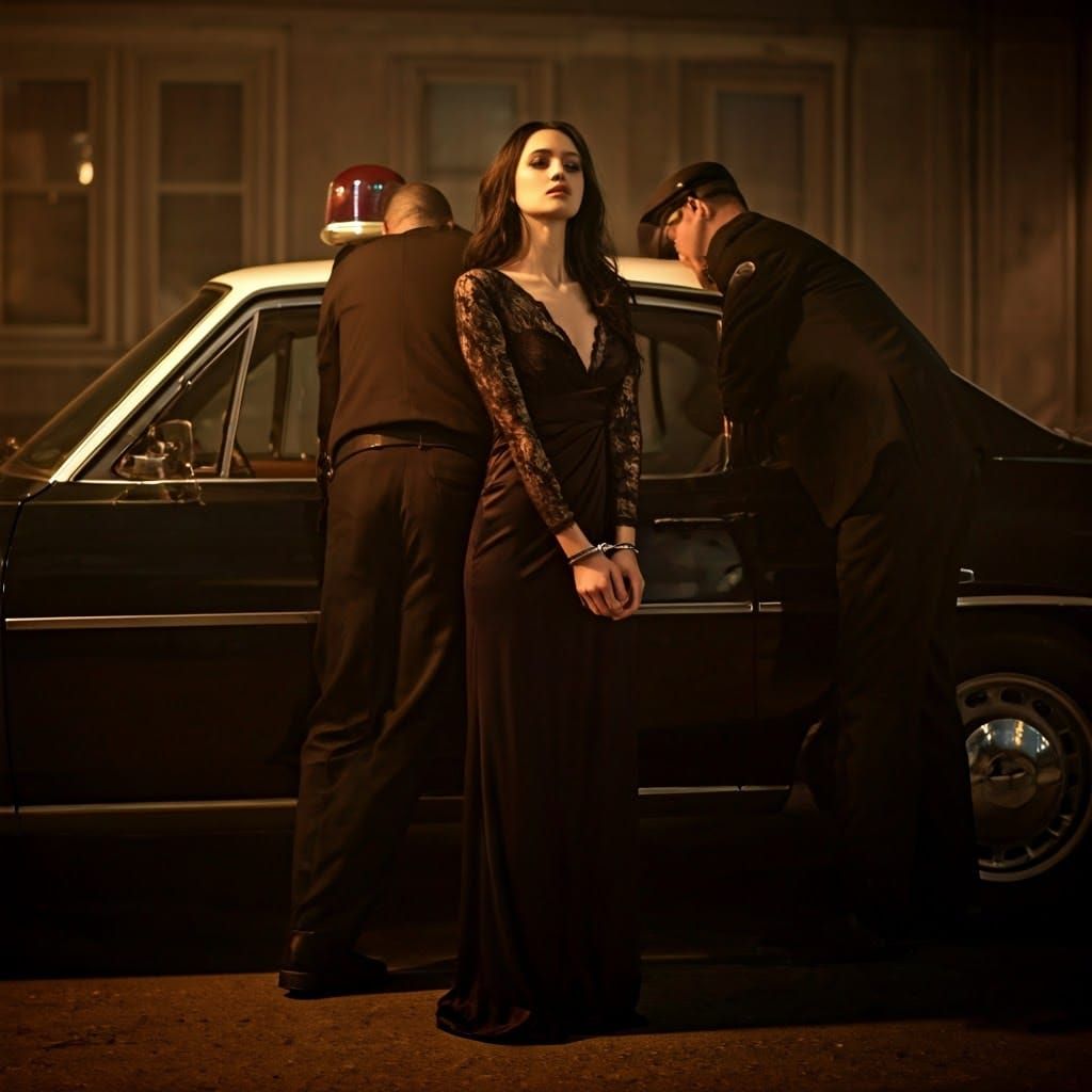 Elegant Woman in Black Gown, Surrounded by Foreboding Police...