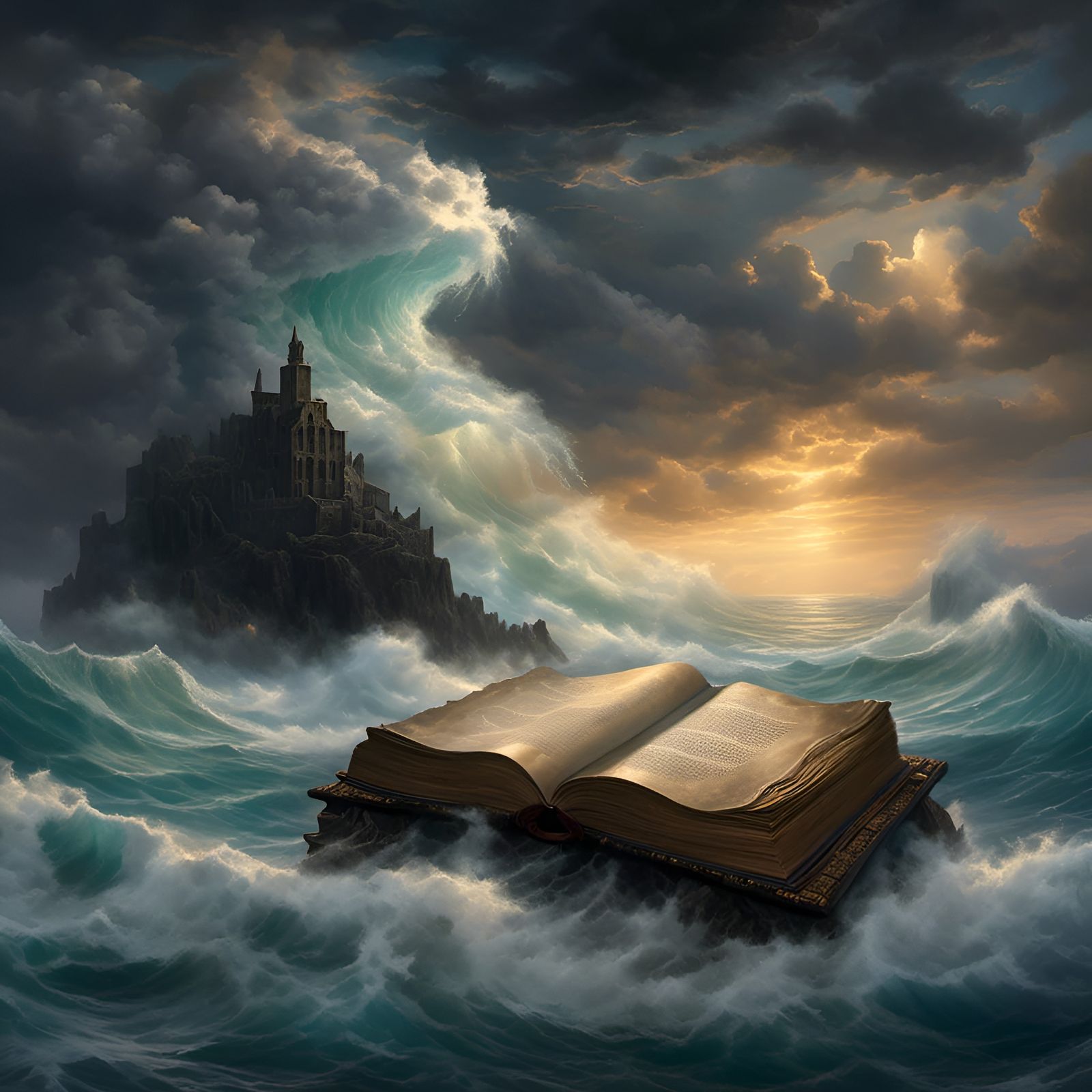 Hyperrealistic Ocean Rock with Hovering Book