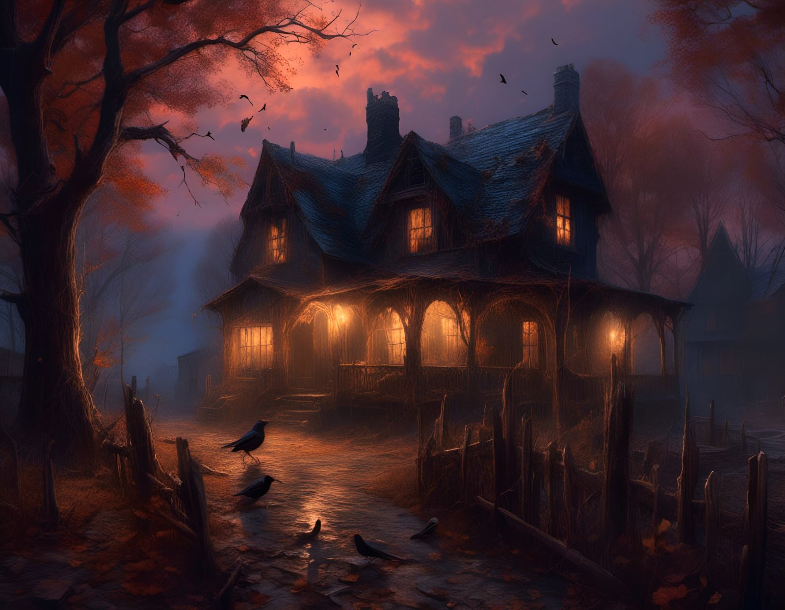 Macabre Blackbird Song, Kinkade-Style Illustration